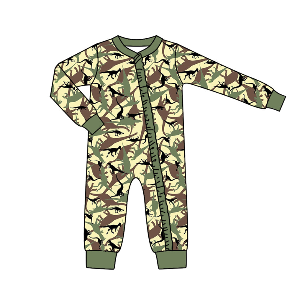 Baby Girl Fall Dinosaur Camo Long Sleeves Zipper Romper