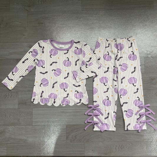 ( No moq ) Preorder Baby Girls Kids Purple Pumpkins Scallop Shirt Bows Pants Set Halloween Clothes