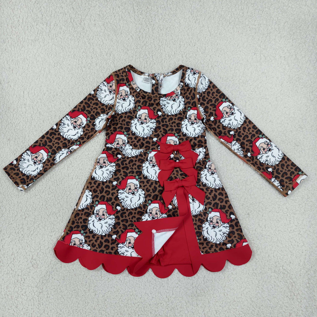 Baby Girls Kids Long Sleeves Christmas Santa Leopard Bows Scallop Dress Yoga Active Clothes RTS