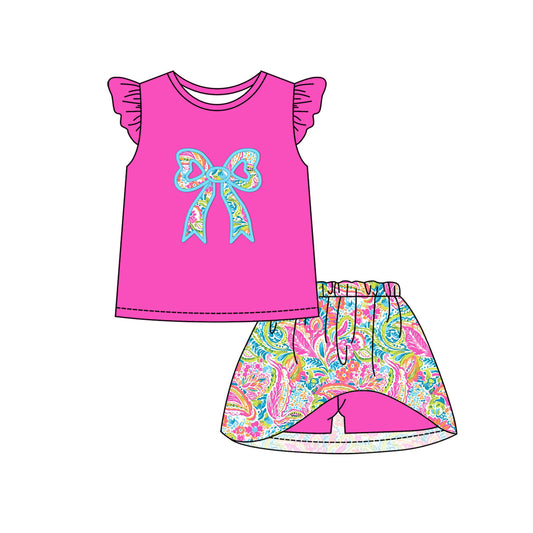 Baby Girl Short Sleeves Bow Pink Tunic Flower Shorts Summer Set ( Moq 5 ）12.9