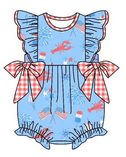 Baby Boy Girl July 4th Flags Crawfish Sibling Dress Romper Clothes Set ( Moq 5 Each style ) 11.27