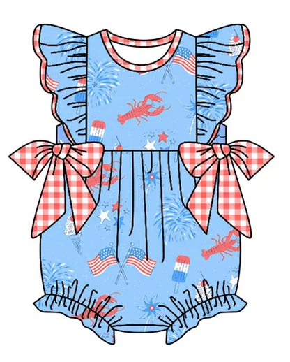 Baby Boy Girl July 4th Flags Crawfish Sibling Dress Romper Clothes Set ( Moq 5 Each style ) 11.27
