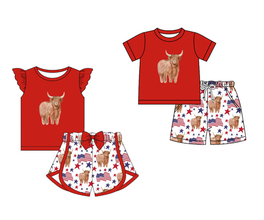 Baby Boy Girl Short Sleeves Cow Flags July 4th Sibling Pajamas Clothes Set ( Moq 5 Each Design )11.26