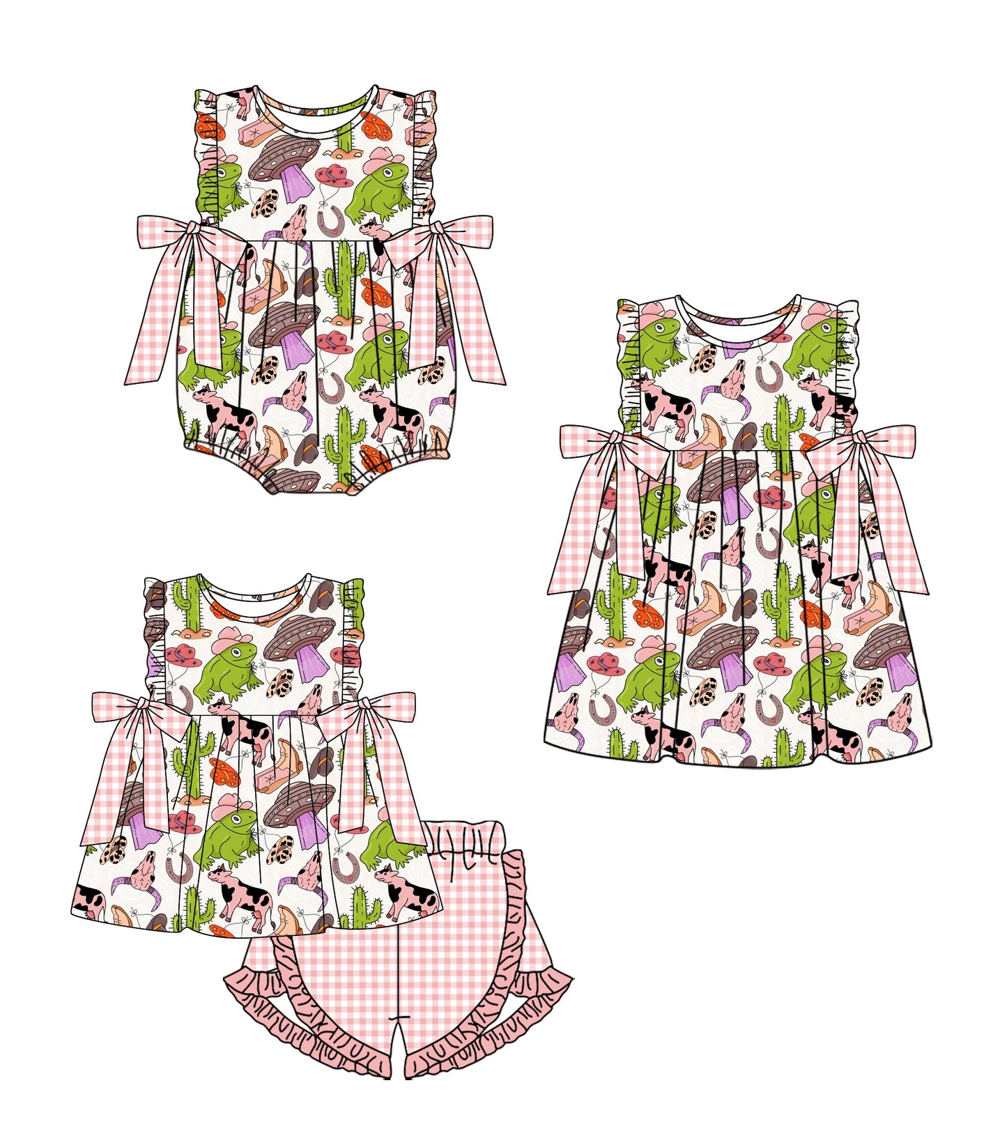 Baby Girl Western Cactus Cow Sibling Romper Dress Set ( Moq 5 Each Style ) 1.23
