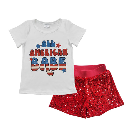 GSSO0350 Baby Girl Kids July 4th Short Sleeves American Babe Shirt Red Glitter Sequins With Lining Shorts Outfit