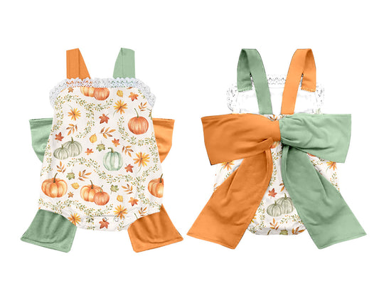 Baby Girl Pumpkin Fall Leaves Big Bow Bubble Romper