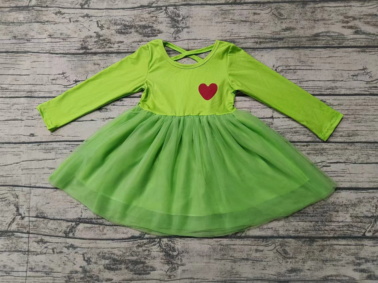 Baby Girl Long Sleeves Christmas Heart Green Tulle Knee Length Dress Moq 5