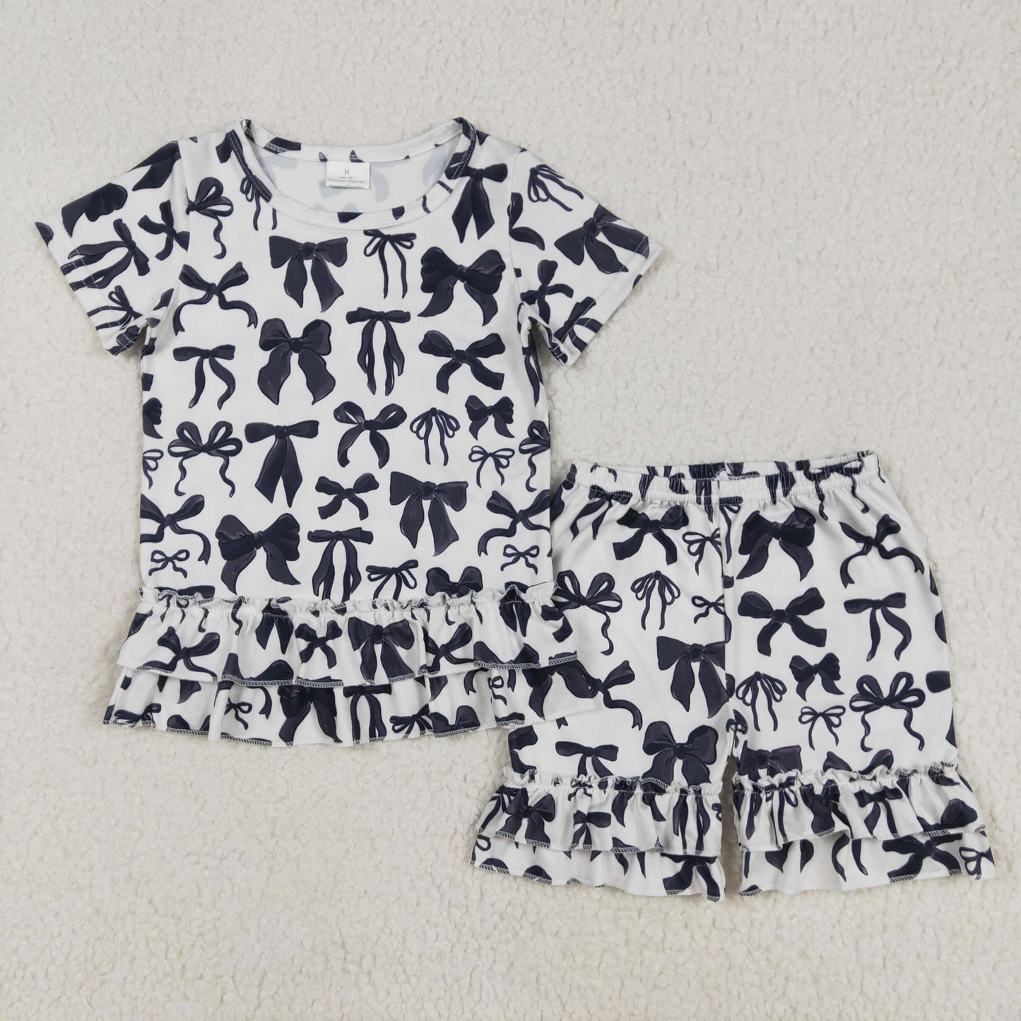 Baby Girl Short Sleeves Black Bows Shirt Ruffle Shorts Clothes Set RTS