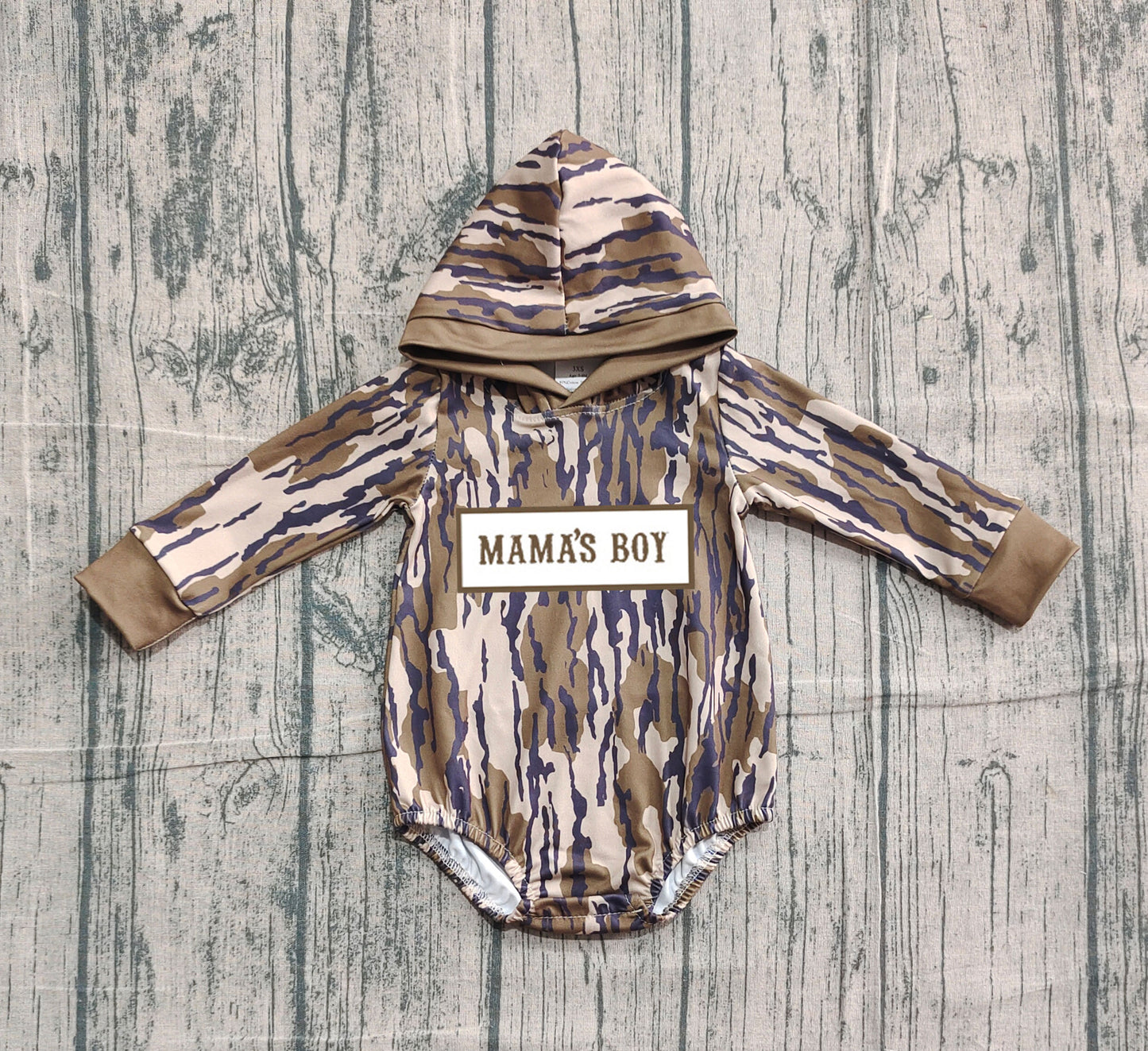 ( No moq ) Preorder Baby Boys Long Sleeves Embroidery Mama's Boy Hoodie Camo Brown Bubble Romper
