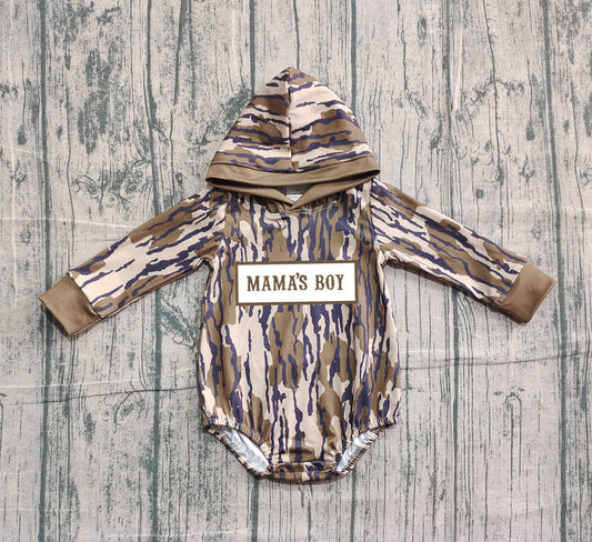 ( No moq ) Preorder Baby Boys Long Sleeves Embroidery Mama's Boy Hoodie Camo Brown Bubble Romper