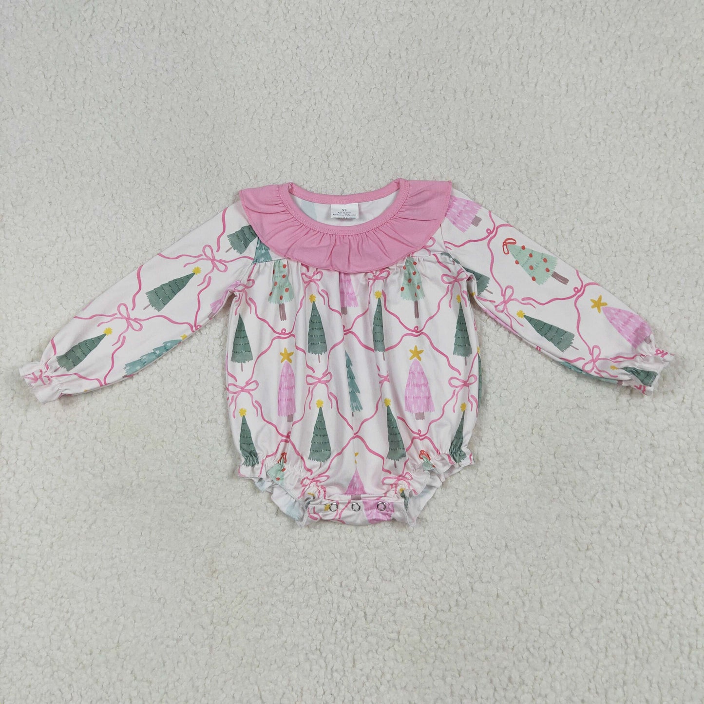 Baby Girl Long Sleeves Bows Trees Ruffle Christmas Bubble Romper RTS