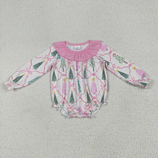 Baby Girl Long Sleeves Bows Trees Ruffle Christmas Bubble Romper RTS