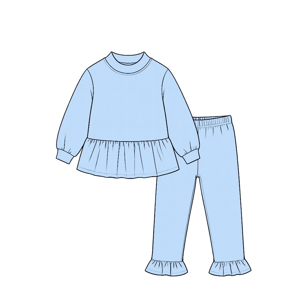 ( Moq 5 ) Preorder Baby Girls Kids Long Sleeves Ruffle Tops Pants Blue Set Cotton Clothes