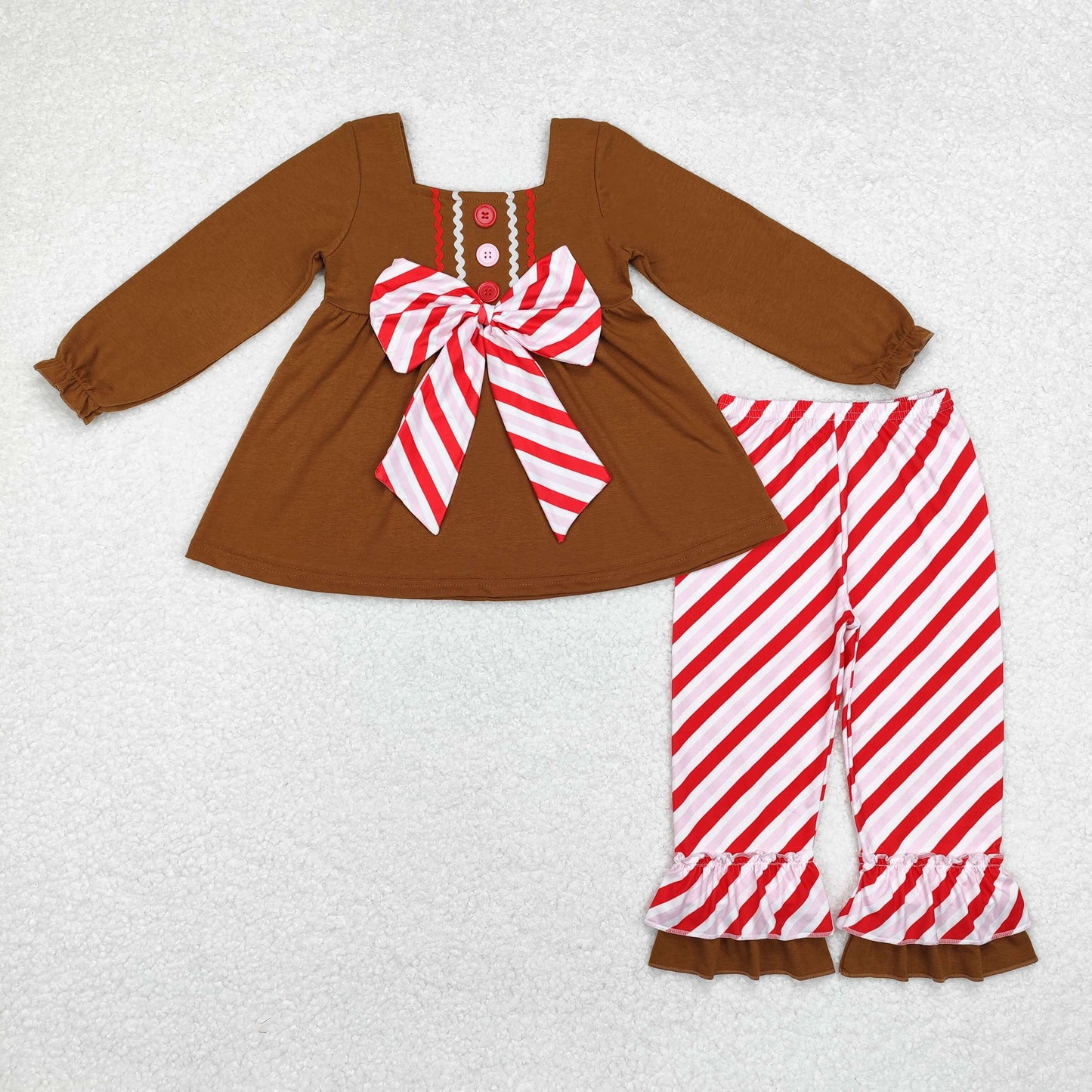 Baby Girl Brown Gingerbread Bow Tunic Stripes Pants Christmas Set