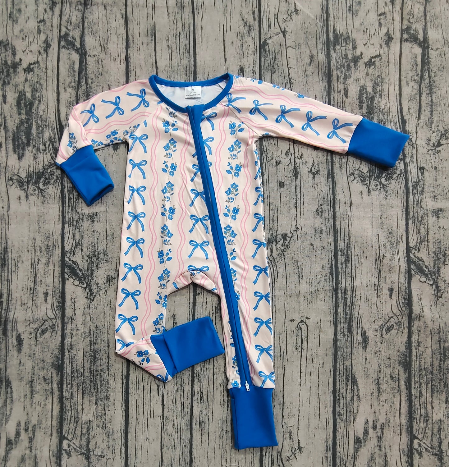 Baby Girl Long Sleeves Blue Bows Flower Zipper Romper RTS