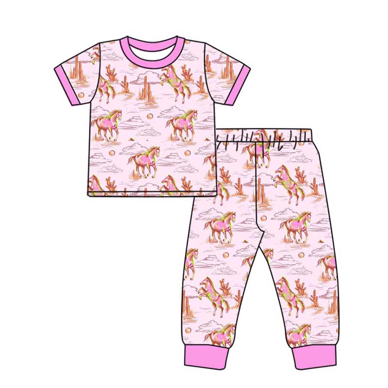 Baby Girl Kids Short Sleeves Western Horse Rodeo Shirt Pants Pajamas Set Moq 5