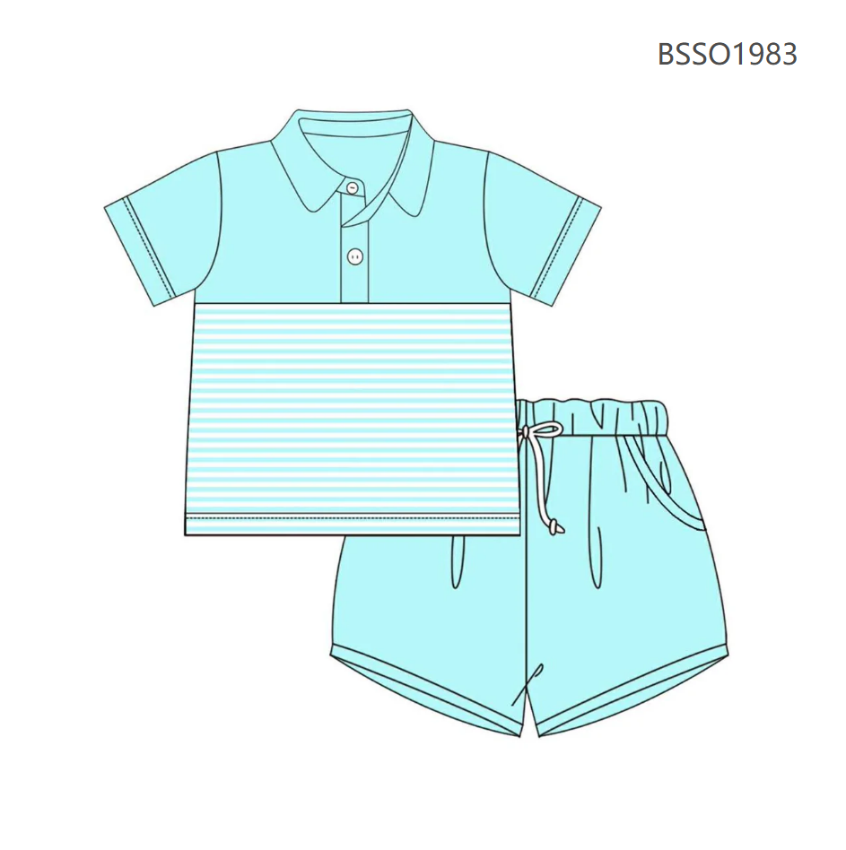 ( Moq 5 ) Preorder Baby Boys Kids Short Sleeves Stripes Buttons Shirt Pockets Shorts Set Clothes