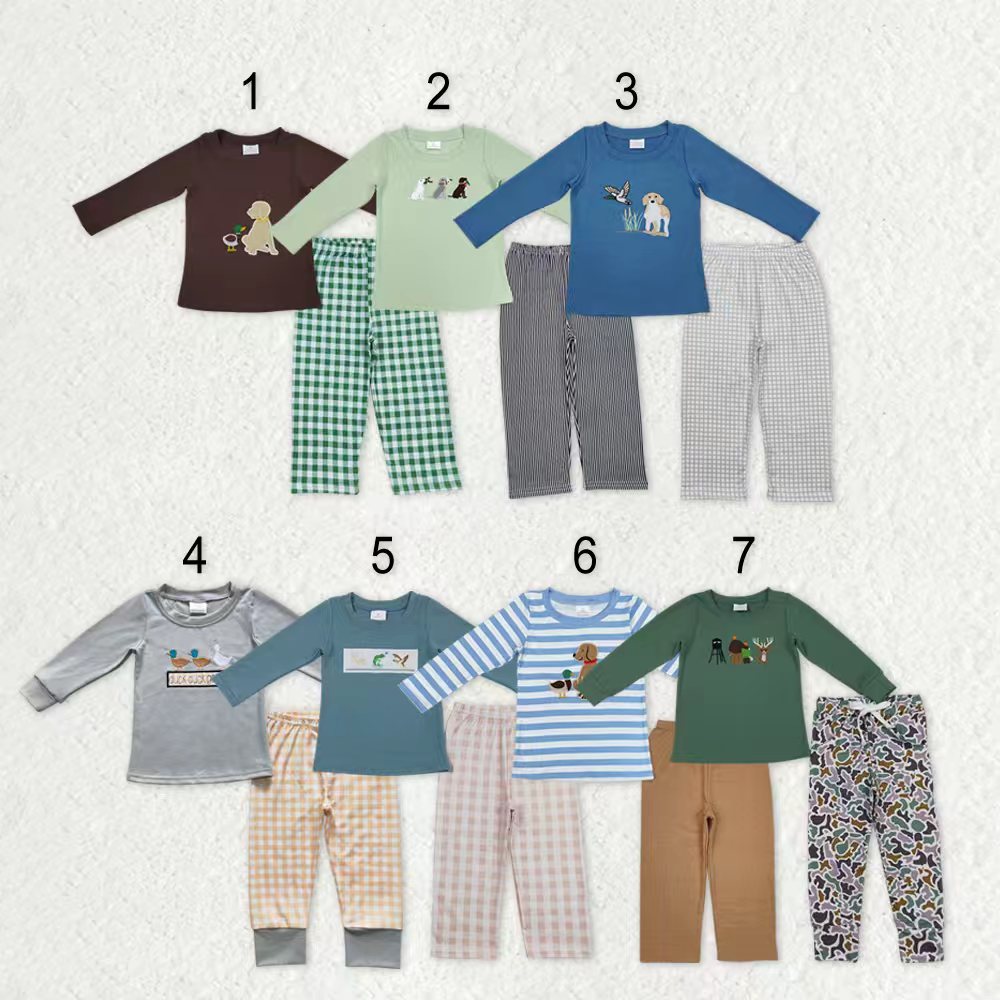 Sibling Baby Boys Kids Long Sleeves Embroidery Ducks Dogs Shirts Pants Hunting Clothes Sets RTS