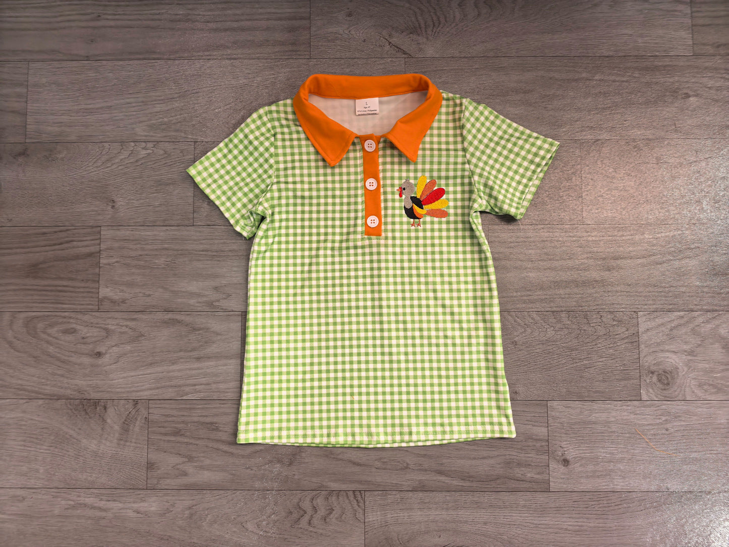 ( No moq ) Preorder Baby Boys Embroidery turkey Green Plaid Buttons Shirt Kids Thanksgiving Clothes