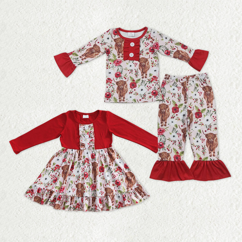 Sibling Baby Girls Long Sleeves  Flower Cow Ruffle Dress Pajamas Set RTS