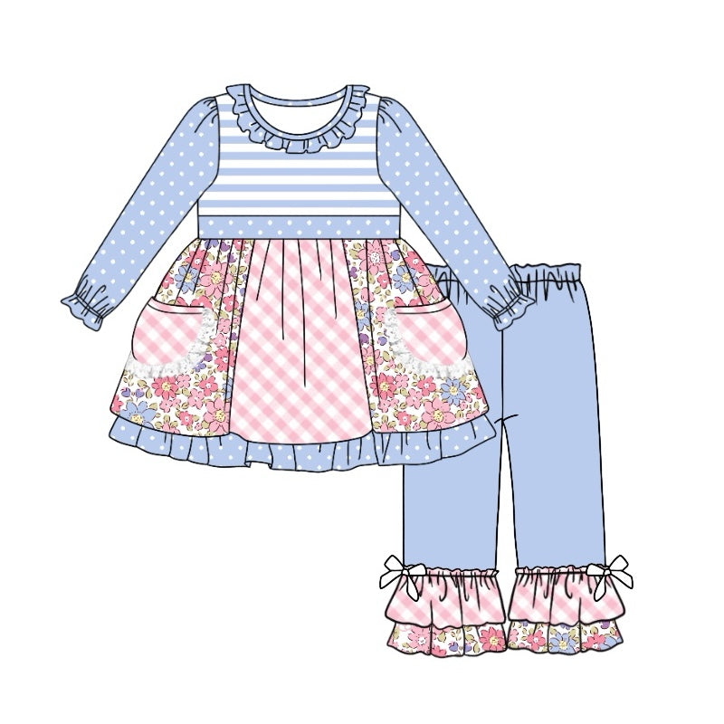 Baby Girl Long Sleeves Flower Pocket Tunic Ruffle Blue Pants Clothes Set