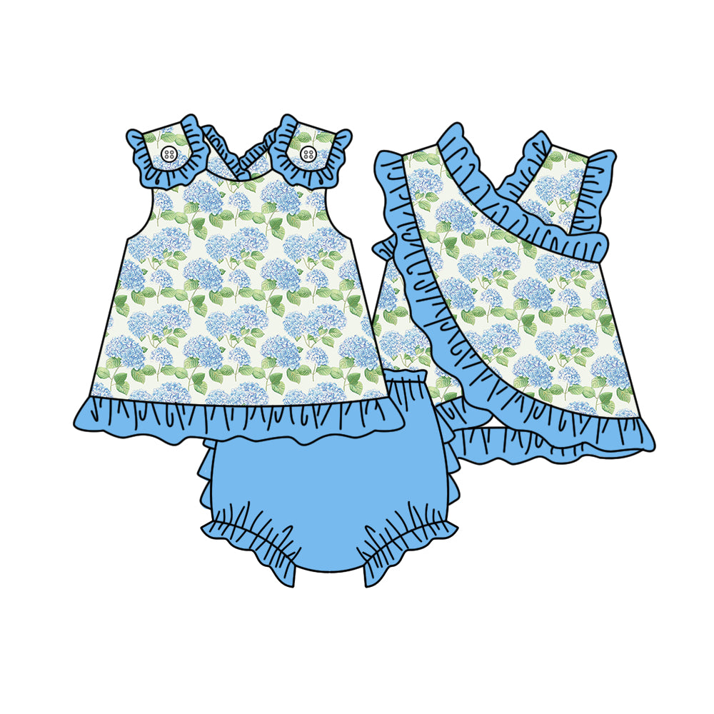 ( Moq 5 ) Preorder Baby Girl Kids Sleeveless Blue Flower Tops Ruffle Bummie Shorts Set Clothes