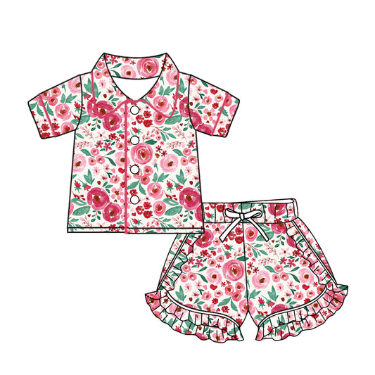 Baby Girl Flower Short Sleeves Buttons Short Summer Pajamas Clothes Set Moq 5