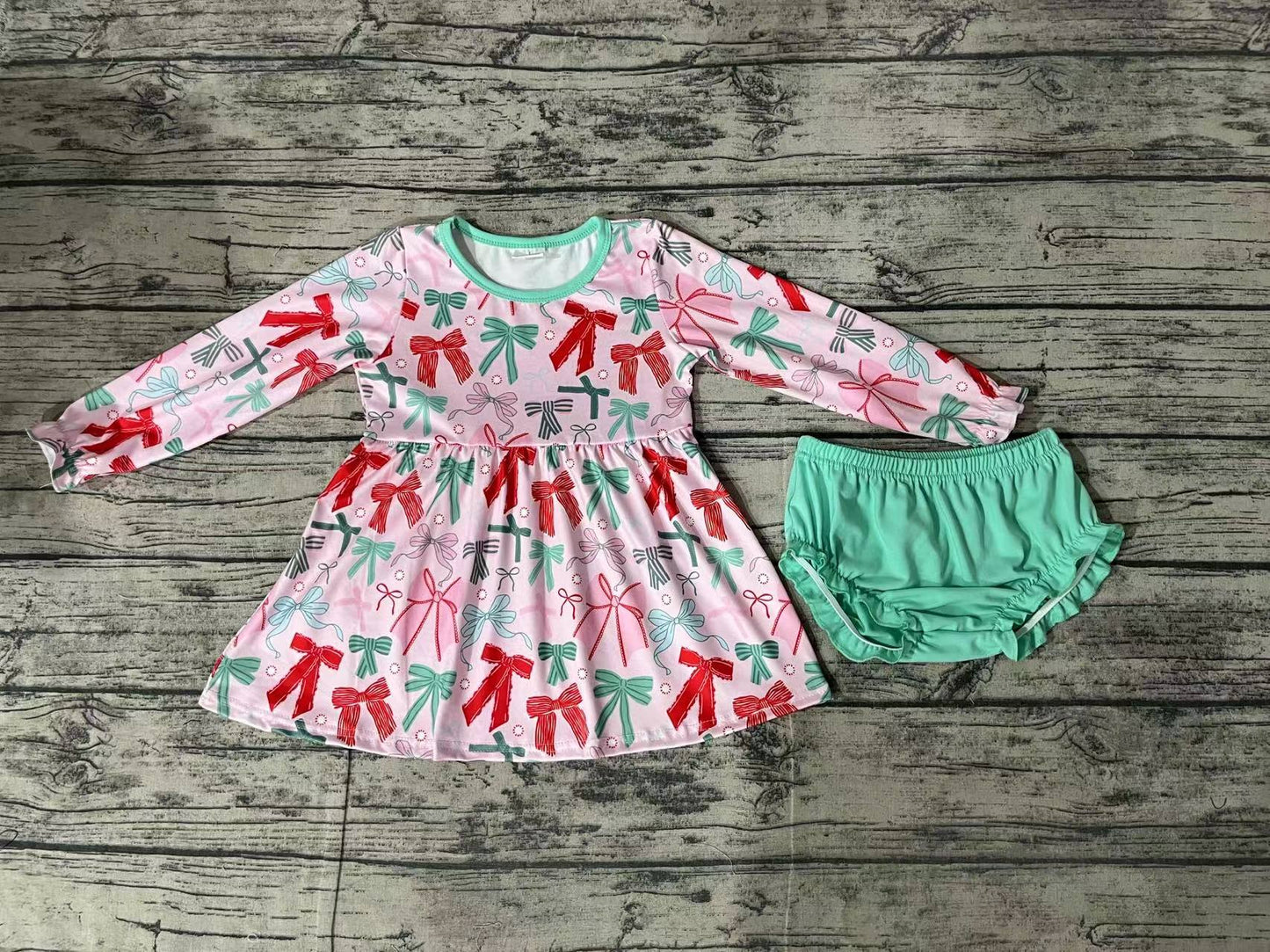 Pre-order Baby Girl Christmas Bows Tunic Green Bummie Set