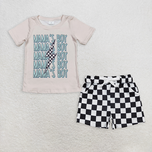 Baby Toddler Kids Short Sleeves Mama's Boy Shirt Black Plaid Pockets Shorts Set RTS