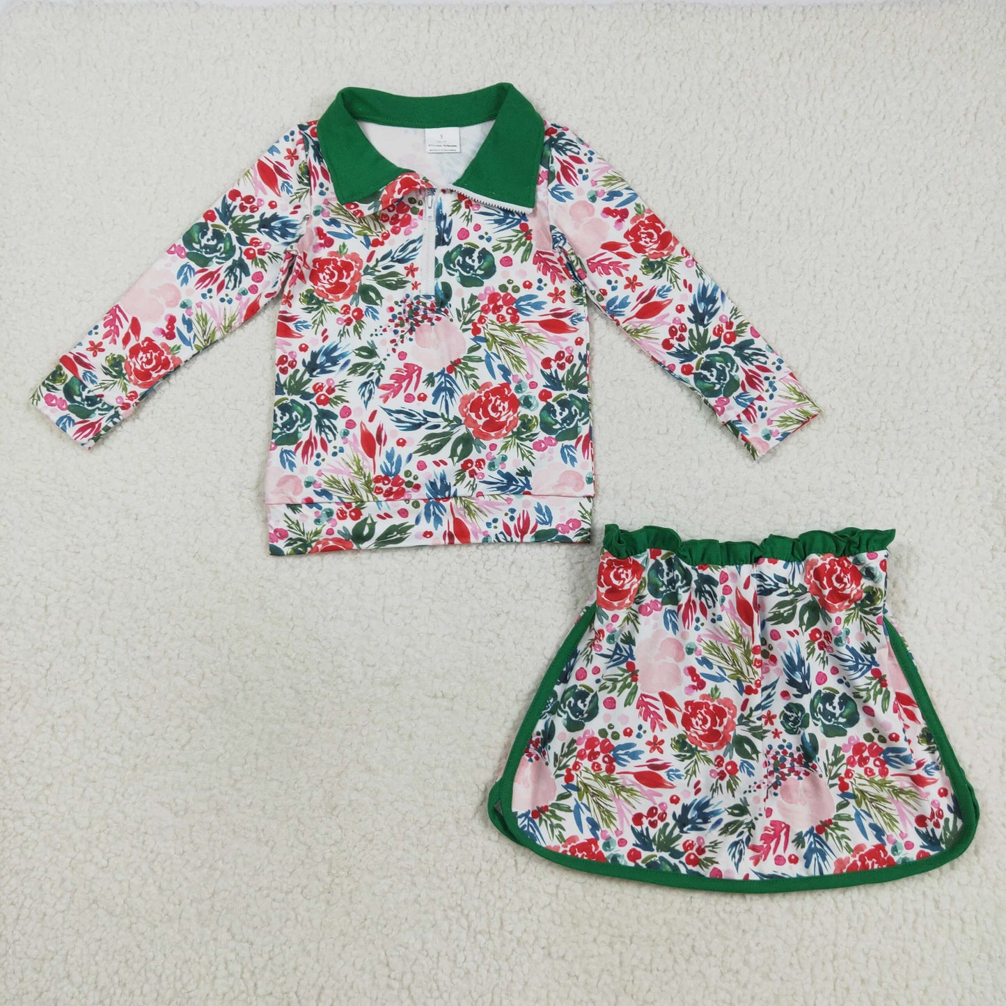 Baby Girl Long Sleeves Christmas Flower Zipper Tops Skirts Set RTS