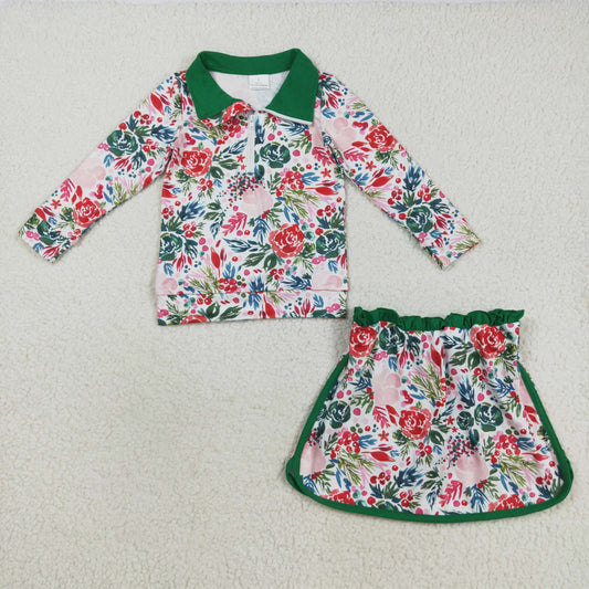 Baby Girl Long Sleeves Christmas Flower Zipper Tops Skirts Set RTS