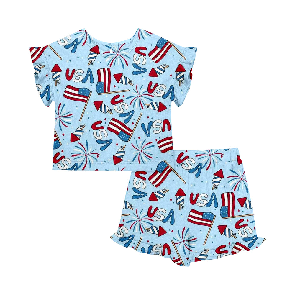 ( Moq 5 Each Style ) Sibling Baby Girls Kids Short Sleeves Popsicle Bows Shirts Shorts 4th of July Sets