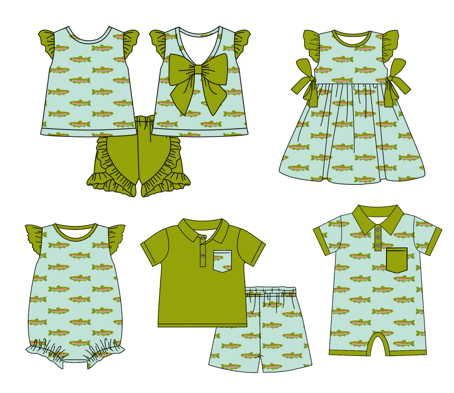 Baby Boy Girl Short Sleeves Fish Sibling Matching Dress Romper Green Clothes Set Moq 5 Each style