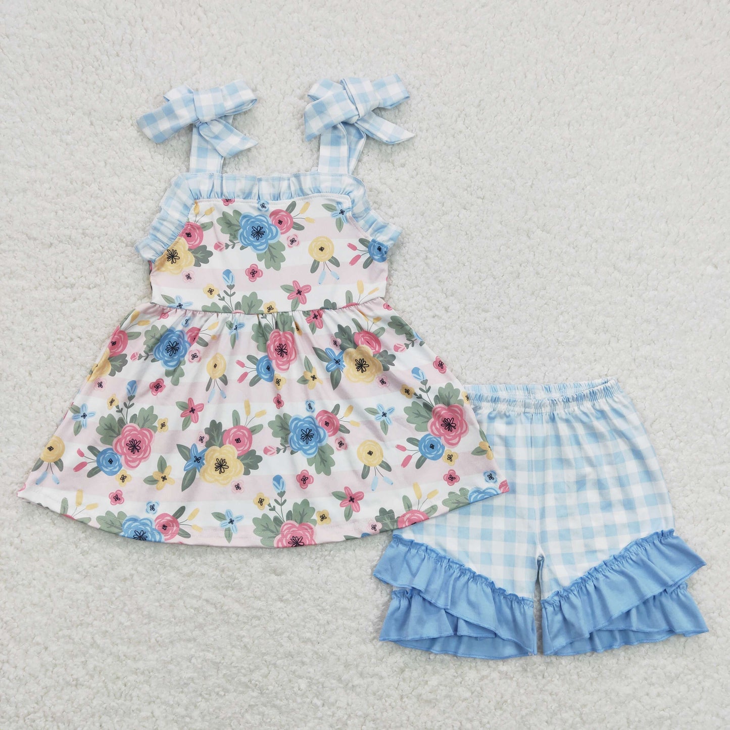 Baby Girl Sleeveless Floral Tunic Blue Plaid Ruffle Shorts Set