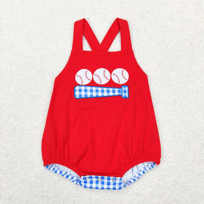 SR0686 Baby Girl Embroidery Baseball Plaid Romper