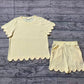 Adult Women Yellow Short Sleeves Scallop Shirt Shorts Pajamas Clothes Set RTS