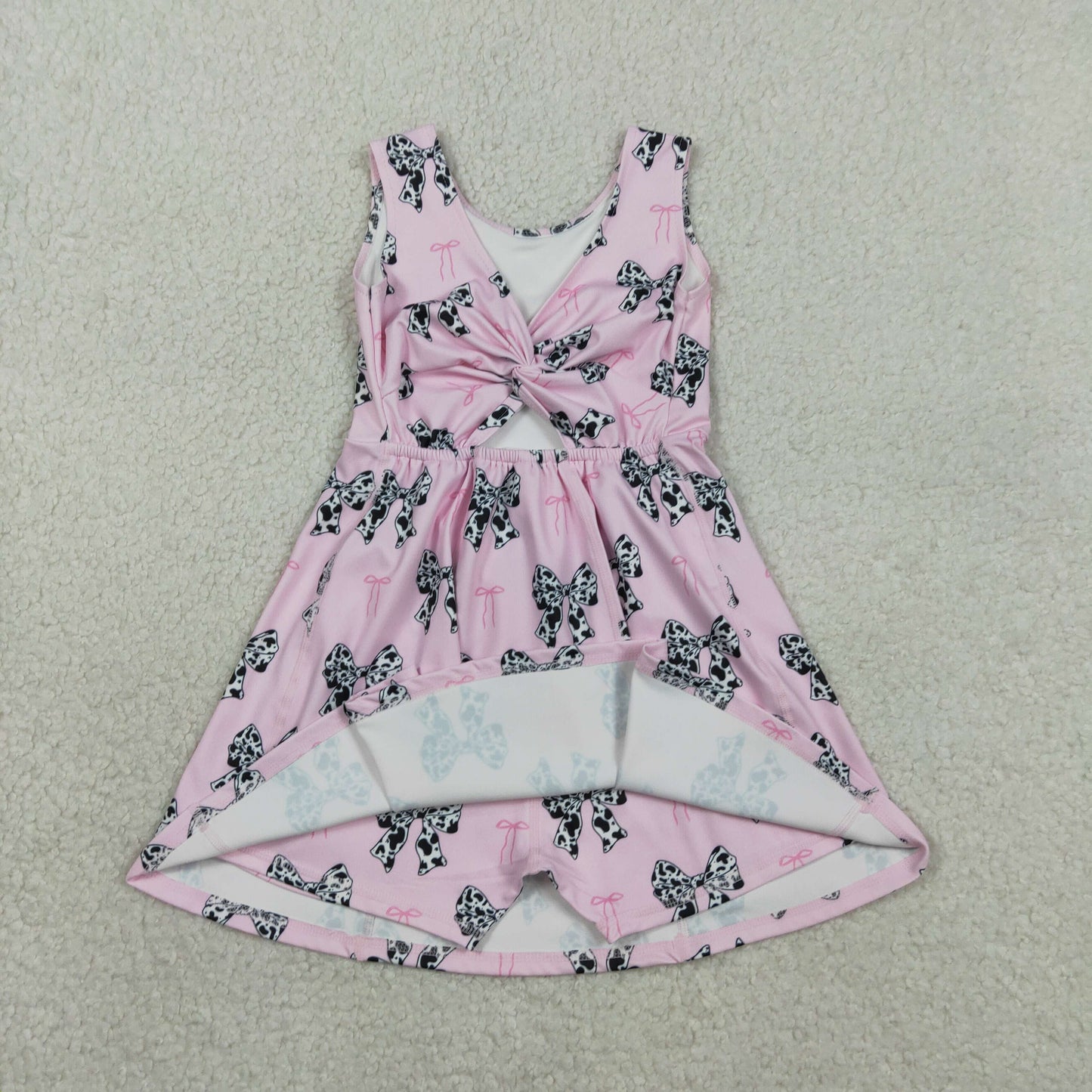 Baby Girls Sleeveless Cow Print Bows Pink Yoga Shorts Knee Length Dress RTS