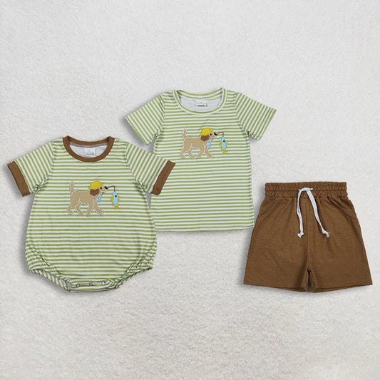 Sibling Baby Boys Short Sleeves Embroidery Dog Fishing Pockets  Shorts Set Romper Clothes RTS