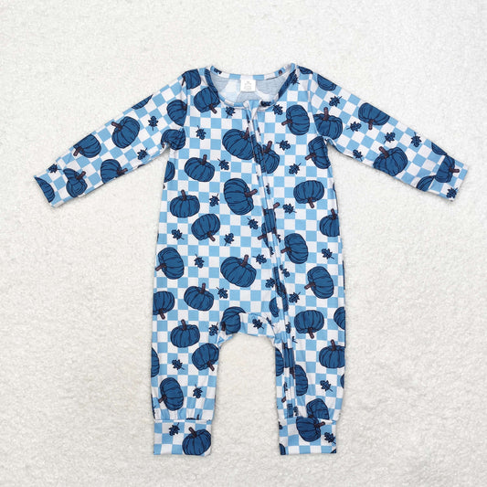 Baby Boy Blue Checkered Pumpkins Fall Zipper Bamboo Romper