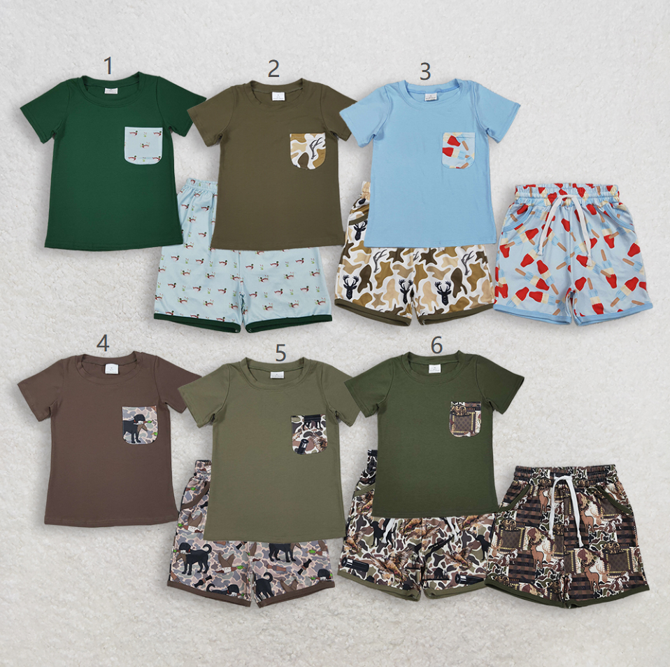 Sibling Baby Boys Kids Short Sleeves Cotton Shirts Pockets Shorts Sets Summer Camo Clothes RTS