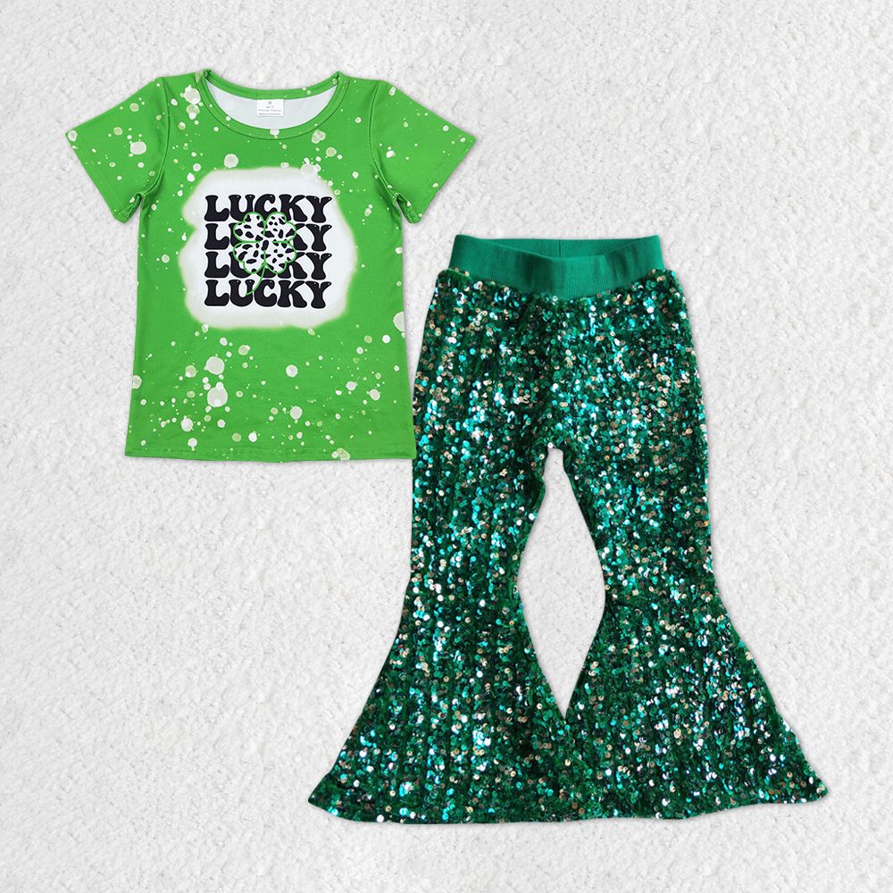 GSPO1297 Baby Girl St. Patrick's Day Green Shirt Sequins Pants Set