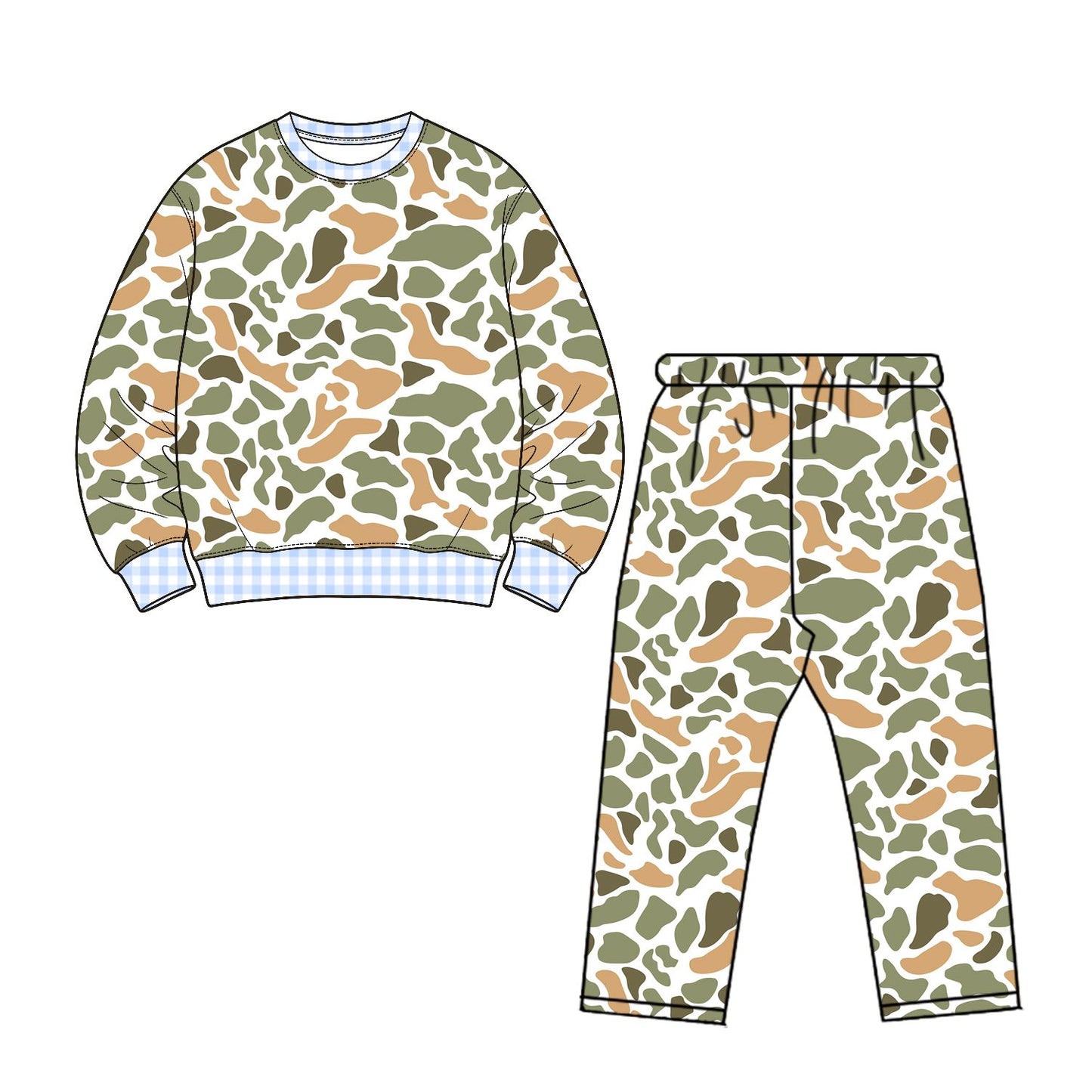 ( Moq 5 ) Preorder Baby Boys Kids Long Sleeves Plaid Pullover Camo Pants Set Clothes