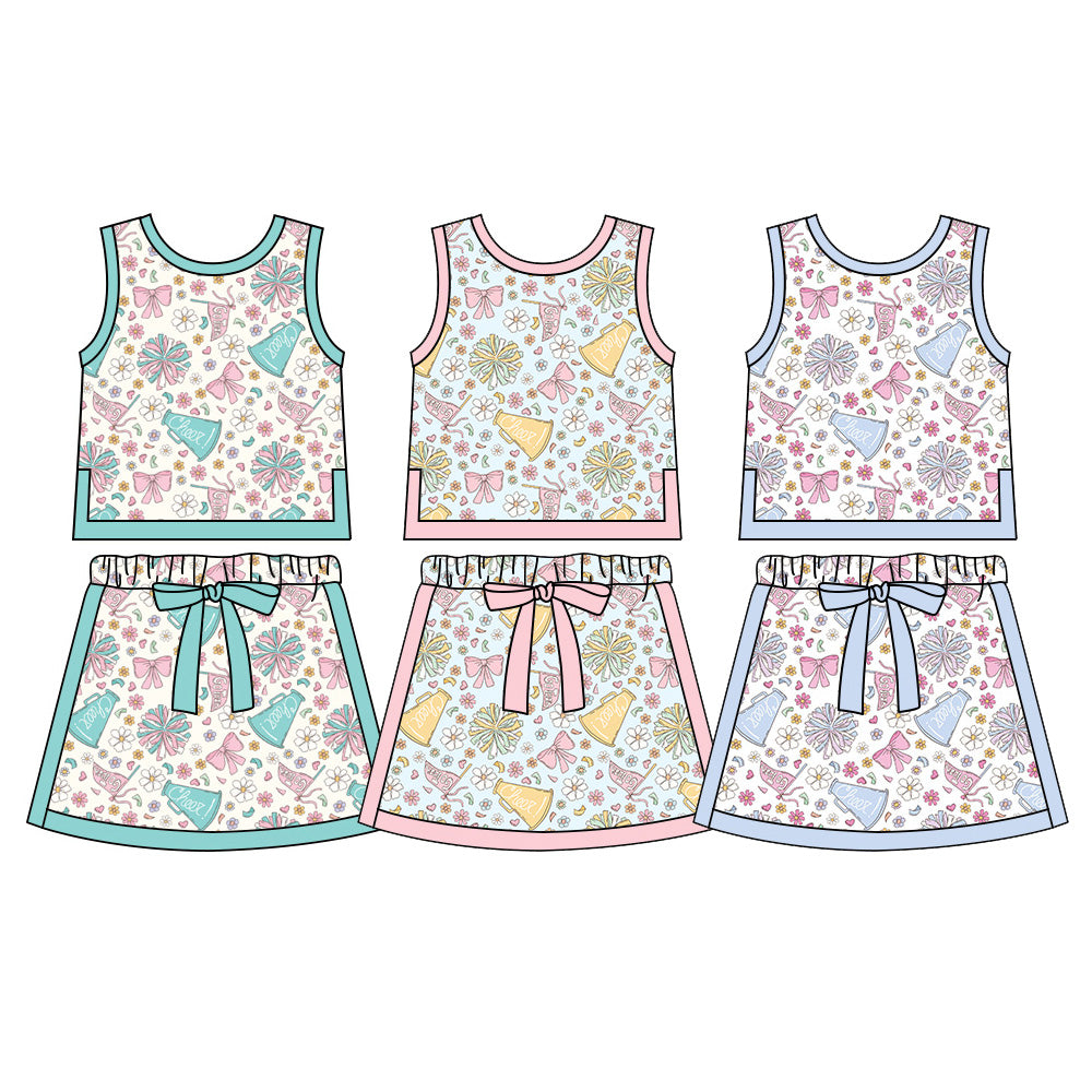 ( Moq 5 Each Style ) Sibling Baby Girls Kids Sleeveless Flower Bows Cheer Shirts Skorts Summer Sets Clothes