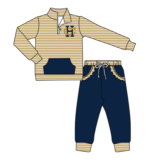 ( Moq 5 ) Baby Girls Toddler Stripes Long Sleeves Zipper HC Pullover Pockets Pants Team Clothes Outfit