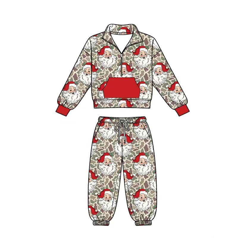 ( Moq 5 ) Preorder Baby Boy Kids Christmas Santa Zipper Shirt Pockets Pants Camo Set Clothes