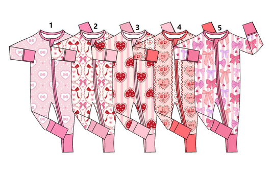 ( Moq 5 Each Style ) Sibling Baby Girls Long Sleeves Bows Hearts Zipper Footie Sleeper Valentine Rompers
