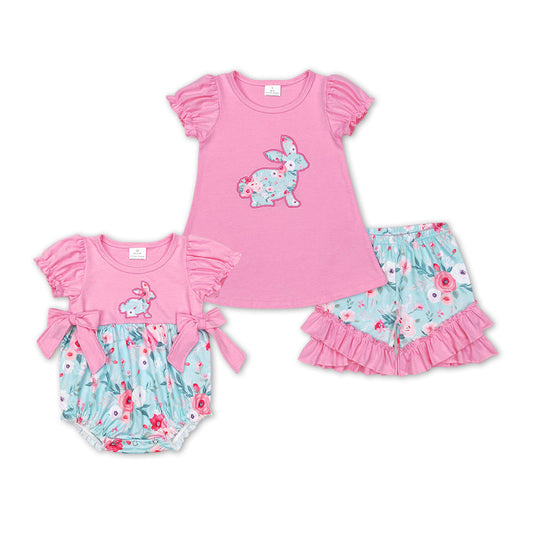 Baby Girl Short Sleeves Embroidery Easter Rabbits Flower Sibling Sister Romper Clothes Set