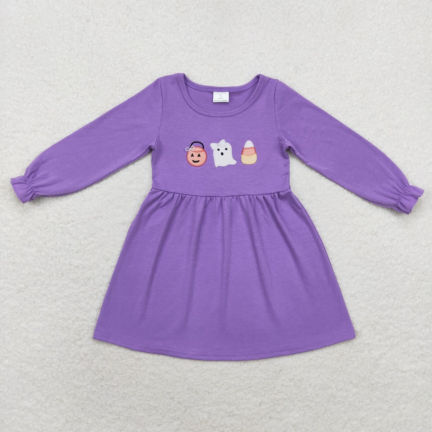 Baby Girl Long Sleeves Embroidery Ghost Halloween Purple Dress