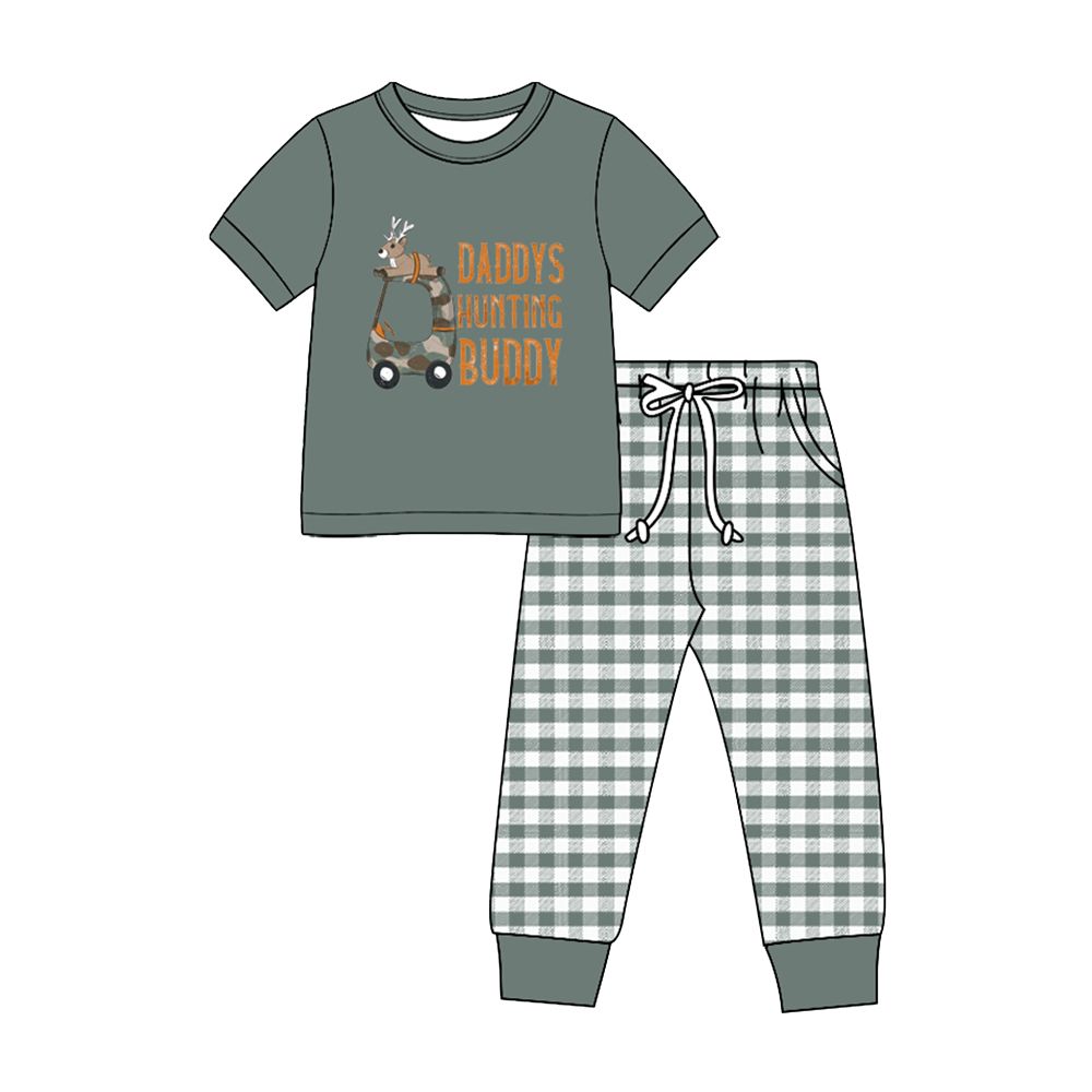 ( Moq 5 ) Preorder Baby Boys Kids Daddy's Hunting Shirt Green Plaid Pockets Pants Set Clothes