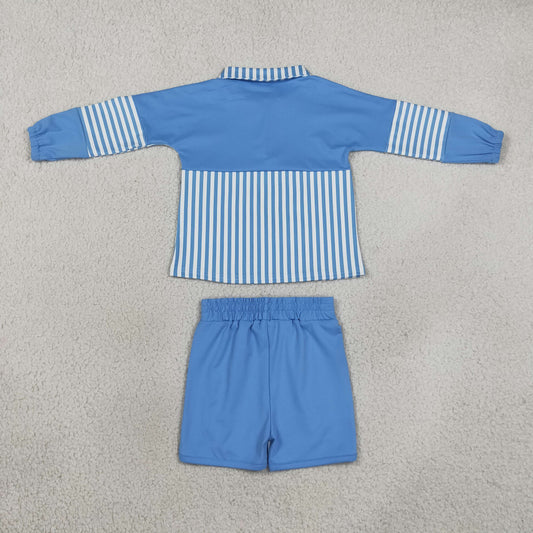 Baby Girls Kids Blue Stripes Zipper Pullover Shorts Yoga Active Set Clothes RTS